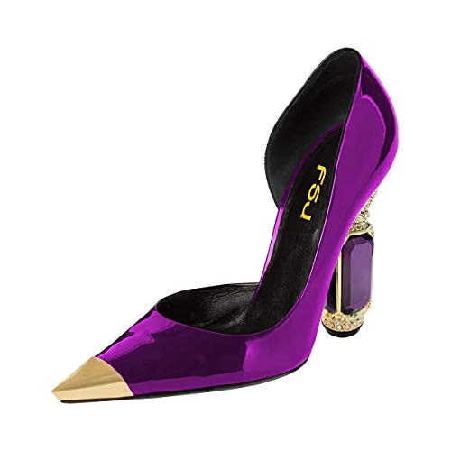 Fsj Women D'orsay Slip On Pumps Pointed Cap Toe Chunky Rhinestone High Heels Slip On Wedding Evening Shoe Size 8 Purple #TOP5