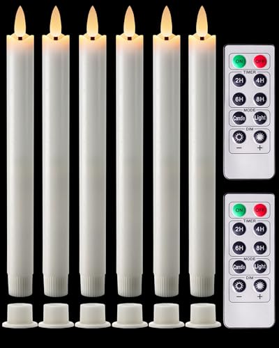 Homemory Real Waxy Flameless Taper Candles with Remote Timer, LED Candlesticks Flickering, Battery Operated Candles, 9.6 Inches for Home Christmas Wedding Celebration Decor, White, Pack of 6