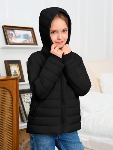 Haloumoning Girls Hooded Puffer Jacket Kids Winter Quilted Down Coats with Zipper Pockets 5-14 Years3