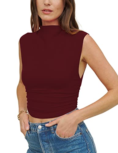 KAMISSY Camiseta corta sin mangas con cuello alto y fruncido para mujer, casual, cuello alto, sin mangas, ajustada, atlética, yoga, correr, Rojo vino, M