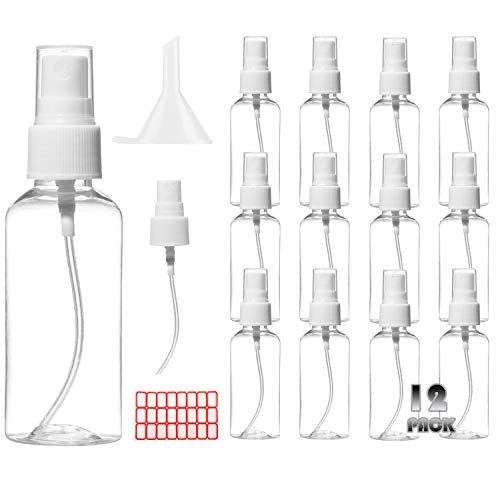HATOKU 2oz/60ml Mini Plastic Spray Bottles, Small Empty Refillable Container, Fine Mist Sprayers for Travel, Essential Oils, Perfumes, 12 Pcs