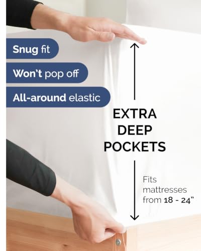Image of Extra Deep Flex Top Split Head King Fitted Sheet - Hotel Luxury Single Fitted Sheet Only - Easily Fits 18 inch to 24 inch Mattress - Ultra Soft, Wrinkle Free w /Extra Deep Pockets - Antique White