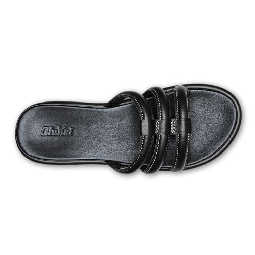 OLUKAI Tiare Women's Slide Sandals, Premium Leather & Stylish Design, All-Day Comfort & Support, Black/Black, 102