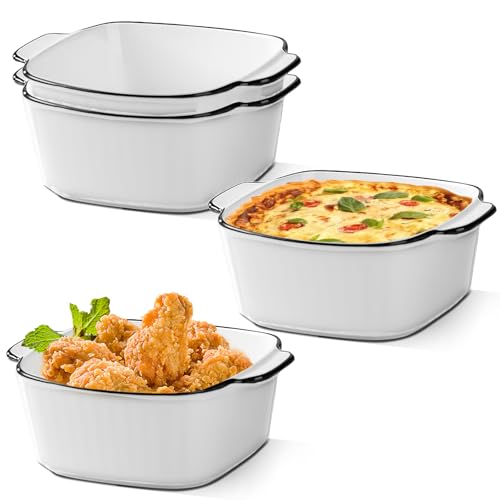 Fuente pequeña de cerámica 4 unidades, para lasaña, 14,2 x 11 x 5,4 cm, mini cazuelas para freidora de aire caliente, microondas, hornos, frigoríficos (rayas verticales blancas)