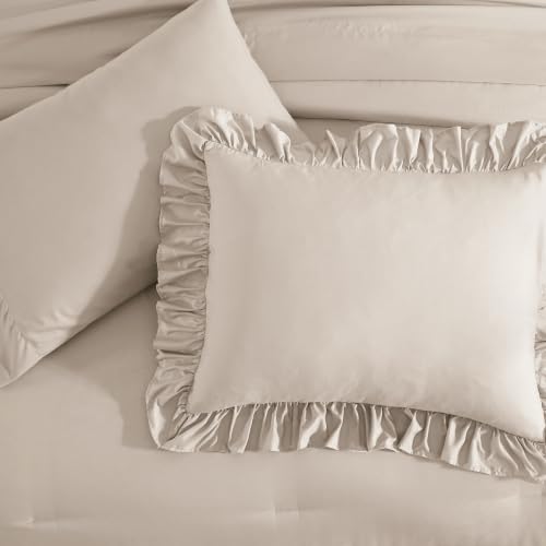 Image of AMBERSPACE Queen Comforter Set Beige Ruffle 7 Pieces Farmhouse Bed in a Bag