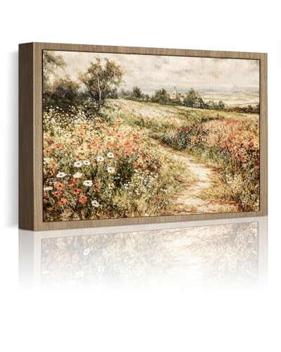 Vintage Framed Canvas Wall Art, 16x20inch, Meadow with Flowers Landscape