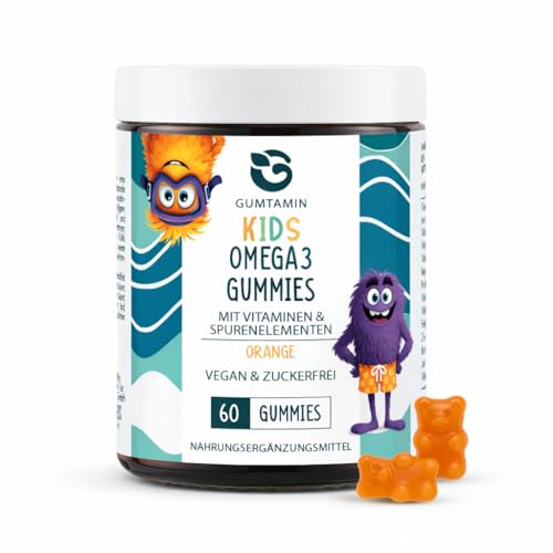 Gumtamin Omega 3 Kinder Gummibärchen Omega3 Gummies für Kinder ab 4 Jahren Nahrungsergänzungsmittel mit Omega-3 aus Algen Vitaminen & Mineralstoffen Orange 60 Gummies