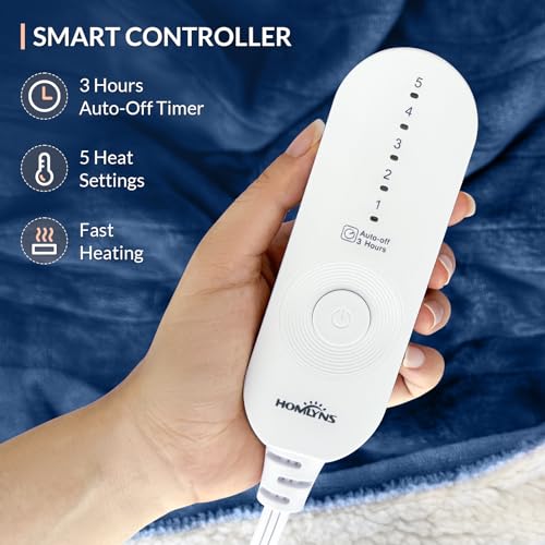 Image of HOMLYNS LuxeHeat Heated Blanket Electric Blanket, Soft Flannel Sherpa Heated Throw, Heating Blanket with 5 Heat Settings, 3 hrs Timer Auto Shut Off (50x60 inches, Navy), Only for 120V Voltage Use