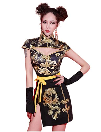 ジャズダンス衣装 レディース 女性 夜店 ダンス衣装 ヒップホップ hiphop ワンピース セクシーDS演出服 ステージ衣装 中華風スポーツウェア ダンスウェア ファション 普段着 jazz 練習着 社交ダンス 年会 (6616,L)