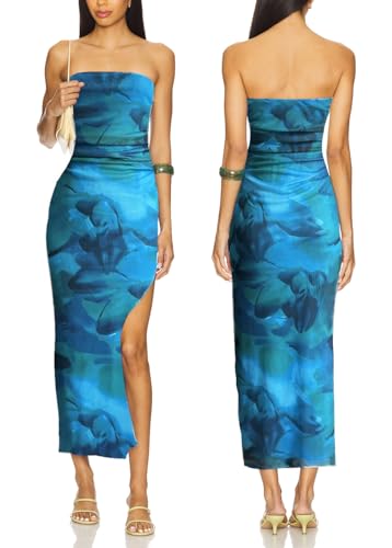 Image of ALENDA DANMOS Womens Strapless Printed Midi Dress with Slit Floral Mesh Tube Top Dresses Ruched Bodycon Party Club Dress 333