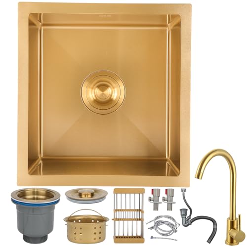 WIQUYBML Fregadero de Cocina de Acero Inoxidable Dorado, Fregadero de un Solo Seno de Montaje Superior de 45x45 cm con Grifo Dorado, Kit de Drenaje Nano para Bar/preparación, Hecho a Mano e