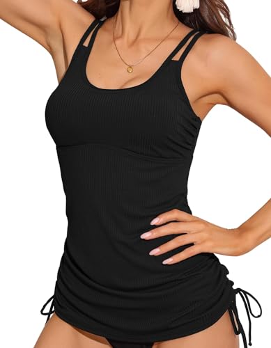 Charmo Women Ribbed Tankini Top Only Ruched Side Tie Swimsuit Push Up Bathing Suit Tankini Swimwear Top Black L