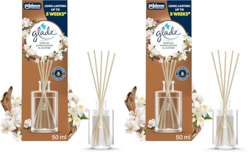 Image of Glade Reed Diffuser, Home Fragrance Infused with Essential Oils, Room Air Freshener With Up to 5 Weeks of Continuous Fragrance, Sandalwood & Jasmine, 50ml (Pack of 2)
