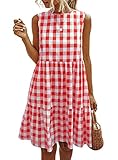 PRETTYGARDEN Women's Casual Plaid Sleeveless Ruffle Sundress Round Neck A-Line Pleated Mini Short T Shirt Dress with Pockets (Red,Small)