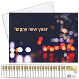 New Year Greeting Cards - N1504. Greeting Cards with Happy New Year on a Night City Scene. Box Set Has 25 Greeting Cards and 26 White with Gold Foil Lined Envelopes.