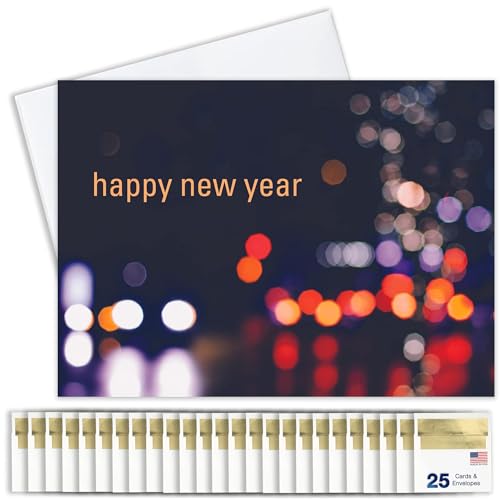New Years Cards for Business & Family (Lights at Night) Greeting Card Set Pack of 25 Happy New Year Cards with Envelopes for 2025 (5x7 inch - A7) Great for Office, Work, Employees & Clients N1504