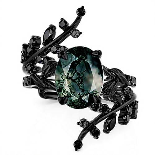 Black Moss Agate Ring Set for Women 925 Sterling Silver Custom 10K 14K Gold Natural Moss Agate Engagement Ring Promise Bridal Wedding Rings Gothic Stacking Rings Size 4-15