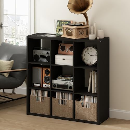 Image of Furinno Cubicle Record Player Stand, 9-Cube Record Storage, Dark Oak | Vinyl Storage, 1.2 inchInch Extra Thick, Open Back Media Shelf for CD DVD Bluray Game Disc, for Living Room, Home Office