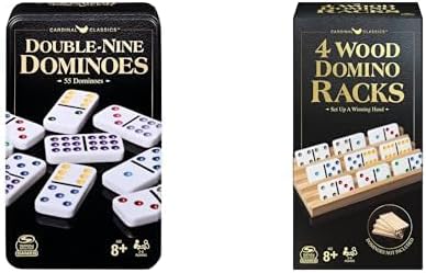 Spin Master Double Nine Dominoes Set in Storage Tin with 4 Wooden Domino Racks - Classic Game Bundle for 2-6 Players, Ages 8 & Up