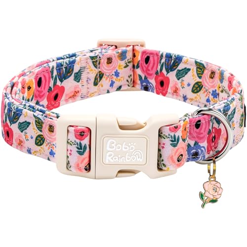 Image of Spring Light Pink Floral Print Dog Collar for Medium Dogs | Garden Walk,Spring Picnic,Daily Walking,Adjustable,Cotton,Lightweight,Quick Release Plastic Buckle,Pendant,Female Dog