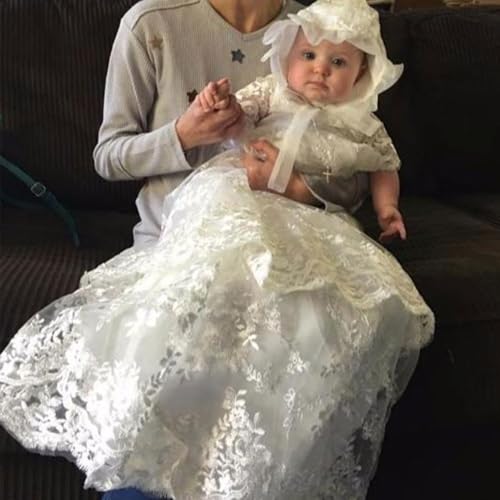 Baby Long Ivory Christening Gown Lace Baptism Dress with Bonnet3