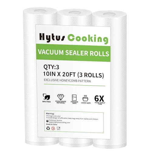 HytusCooking Vacuum Sealer Bags Rolls, 3 Rolls 10" x 20', Heavy Duty Multi-Layer Commercial Grade Food Storage Bags for Sous Vide, Meal Prep [BPA-Free]