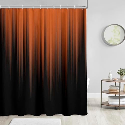 Image of AAtter Orange and Black Shower Curtain, Modern Ombre, 60x72 Inch, 12 Hooks | Terracotta Striped Polyester Fabric, Dark Abstract Trendy Style, Cool Anime Design, Gradient Bathroom Decor for Men