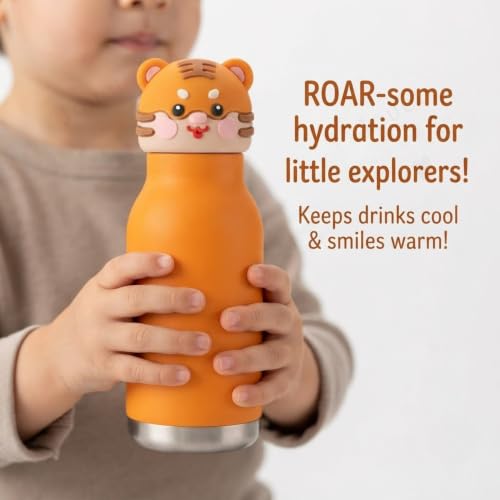 Image of JOUET 450ml Stainless Steel Kids Water Bottle with Cute Tiger Character Lid, Leakproof Drinking Bottle for School, Travel, Sports & Everyday Use