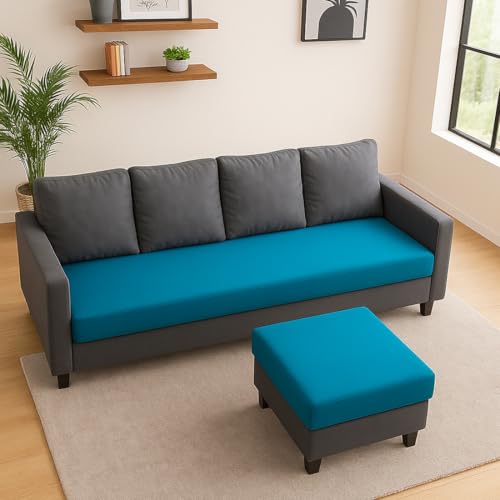 Image of FURNY Arnold 5 Seater L Shape Sofa Set with Movable Ottoman | Flexible Left or Right Layout | Plush Velvet Fabric (Dark Grey-Aqua Blue) | Perfect for Living Room, Guest Room & Office