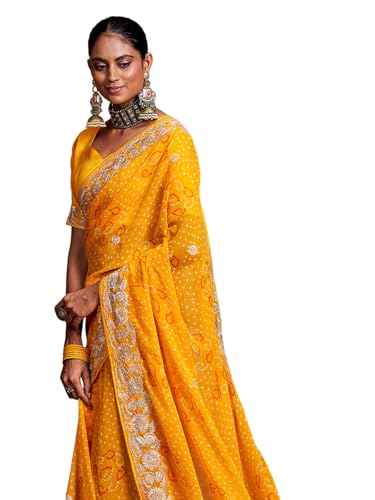 Image of Satrani Women'S Georgette Embroidery Bandhani Printed Saree With Unstitched Blouse Piece