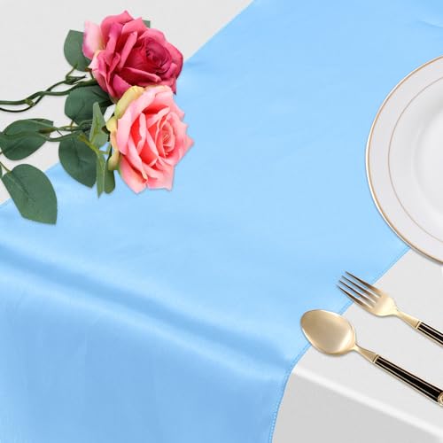 uxcell 6 Pcs Sky Blue Satin Table Runner 12" x 108" Romantic Silk Table Runner Smooth Fabric Table Runner Decorations for Wedding Dining Birthday Party (9ft) by uxcell - Used condition - Image 4