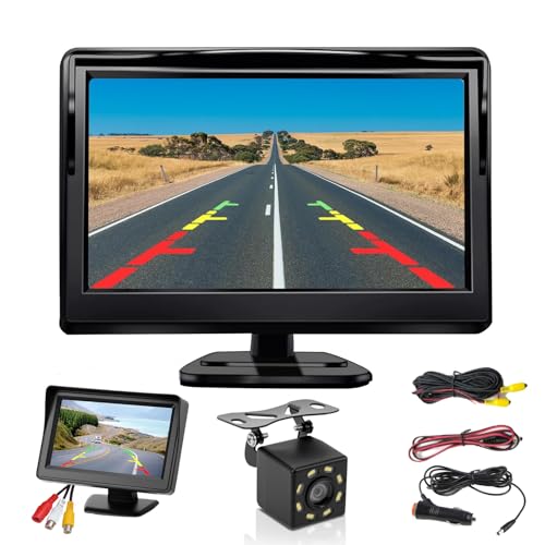 Car Reversing Camera, 4.3 Inch Rear View Reverse Camera Monitor Screen Parking Sensors Vehicle Back up Camera with Night Vision, 170° Wide View, Cigarette Lighter Plug Ease Setup for Car Trucks Buses