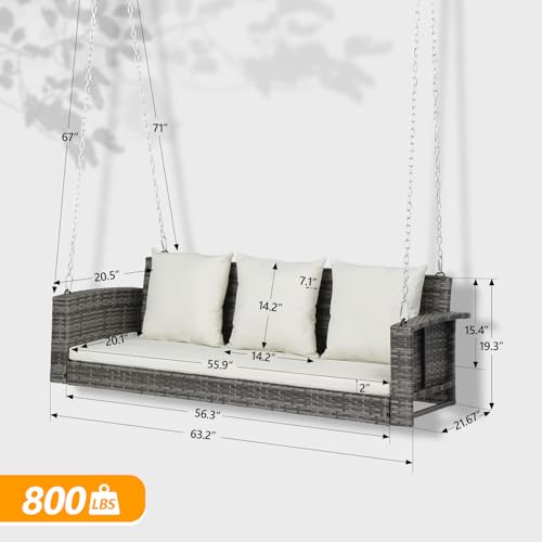 Image of VINGLI 5FT Wicker Swing, Rattan Porch Swing, Outdoor Hanging Seat, Grey