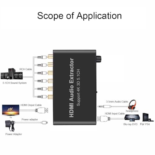 Image of HDMI Audio Extractor 4K 3D 5.1CH Converter 6RCA Out | Dolby AC3 DTS decoding, HDCP compliant, HDMI passthrough, USB powered, works with PS4 Xbox Blu-ray DVD projector TV AE-543H