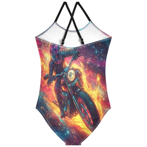 Pigsaly Girls One Piece Swimsuits Motorcycle Galaxy Colored Kids Cross Back Swimwear Toddler Beach Sport Bathing Suit 3T2