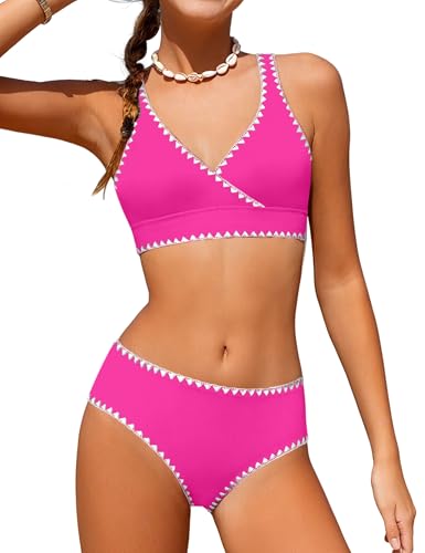 Image of KANGKANG Girls Swimsuit Bikini Set Solid Color V-Neck Two Piece Bathing Suit with Chest Pad Adjustable Straps Swimwear 7-16T
