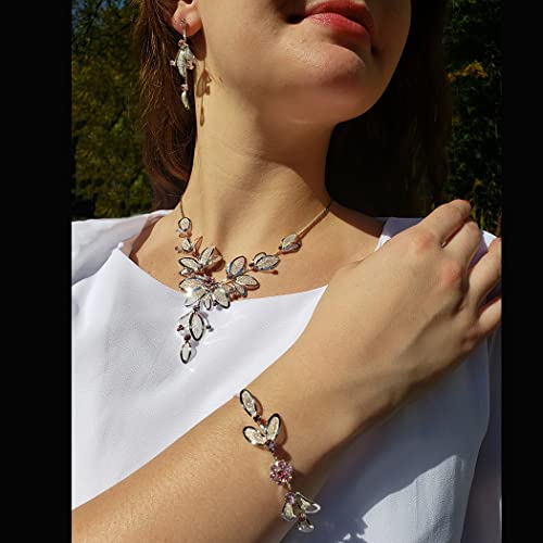 Rosemarie Collections Women's 3 Piece Rhinestone Crystal And Metal Mesh Floral Statement Necklace Bracelet Earring Jewelry Set (Clear Crystals/Gold Tone) #TOP4