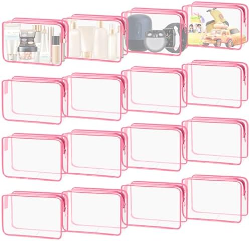 16 Pieces Clear Makeup Bags, Waterproof Clear Toiletry Bag Carry Pouch Portable Cosmetic Bag PVCTravel Clear Pouches Carry-on Travel Essentials Transparent Storage Organzer Bag (Rose Pink-M)