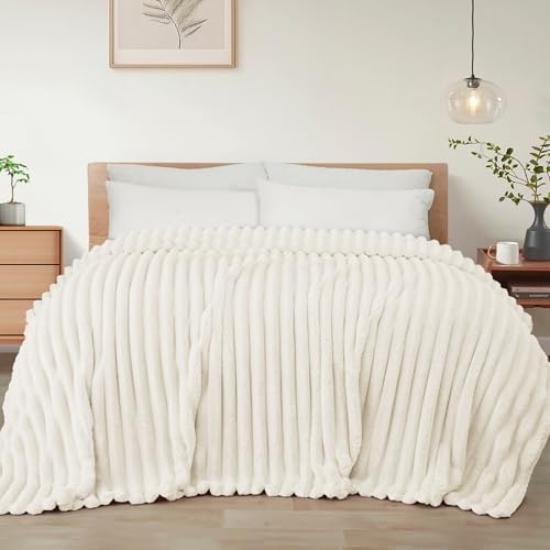 Exclusivo Mezcla Queen Size Flannel Fleece Blanket Super Soft Striped Jacquard Bed Blanket Lightweight Fuzzy Cozy for All Seasons 90x90 Inches Ivory