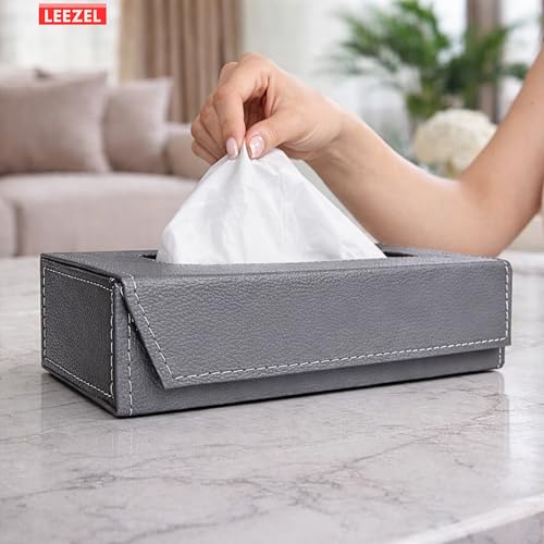 Image of LEEZEL| Tissue Box Holder with 100 Pulls Cotton Rags Tissue | Handcrafted Fine Leather - Like Finish | for Gifting, Office Desks, Cars & Home Decor | Durable & Water Resistant. (Light Grey)