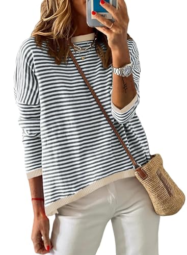 DUOEASE Pull Femme Chic et Elegant Col Rond, Sweat Rayé à Manches Longues Top Automne et Hiver