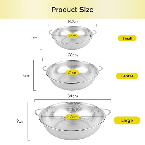 Sieb 3er-Set, Nudelsieb Edelstahl mit Griffen, Küchensieb Micro-Perforierte Hochglanzpoliert,Metall Küche Sieb für Nudeln Obst Reis,Gemüse… – Ansicht 7