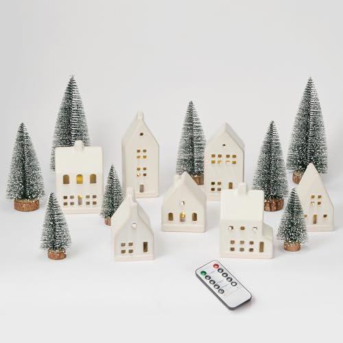 Village de Noël lot de 23 pièces avec 7 maisons en céramique blanche et sapins enneigés à DEL