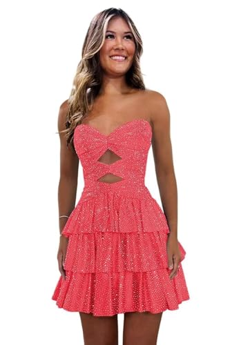 Beaded Sequin Strapless Homecoming Dresses 2025 Tiered Cut Out Short Cocktail Party Dress for Teens Sparkly