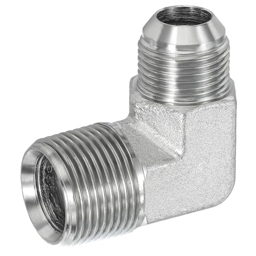 Image of PATIKIL 90 Degree Pipe Adapter, 1-1 /16 inch Male 37 Flare JIC x 1 inch BSPT Male Connector Carbon Steel Elbow Fitting for Air Hydraulic Fluid Fuel Water Oil, Silver