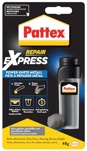 Preisvergleich Produktbild Pattex Powerknete Repair Express Metall, metallfarbene Modelliermasse zum Kleben & Reparieren, Epoxidharz Kleber für viele Materialien, überstreichbare Knete, 1 x 48g