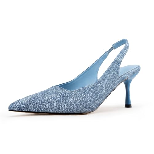 Denim Blue Heels for Women,Kitten Heels Slingback Pointed Toe Pumps Bride Wedding Shoes 11