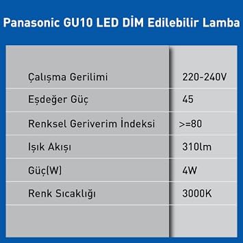 PANASONIC GU10 LED DİMLi LAMBA, SICAK BEYAZ IŞIK 4W 310LM 3000K [Enerji Sınıfı F]