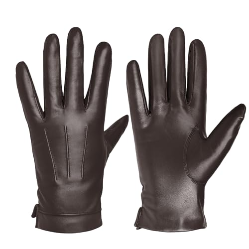 Harssidanzar Mens Leather Gloves Genuine Sheepskin Cashmere Lined Warm Touchscreen Texting Gloves SM052US (Brown(touchscreen) M)