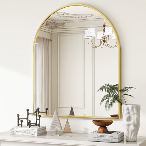 Image of VooBang Arched Wall Mirror, 26 x 28 inch Arch Bathroom Mirror, Wall Mounted Vanity Mirror with Arch Metal Frame, Modern Bathroom Vanity Mirror for Bedroom, Living Room, Hanging or Leaning, Gold
